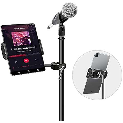 elitehood Aluminum iPad Holder for Mic Stand, Side Mount iPad Music Stand Holder for Microphone, 360° Swivel Tilt Adjustable Mic Stand Tablet Holder for iPad, iPhone and More 4-13in Tablet Cover