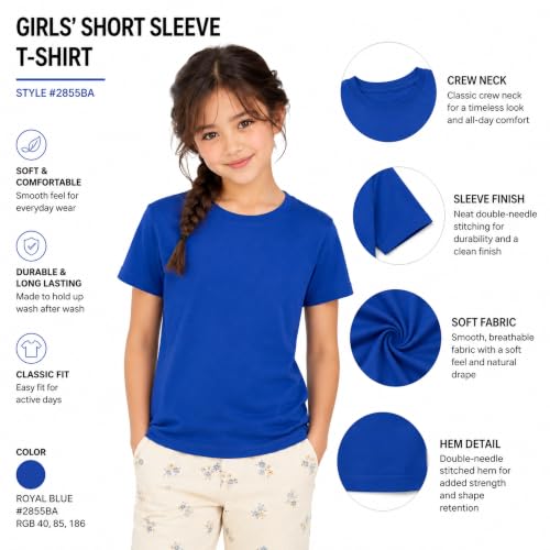 Image of Kids Round Neck Girls Tshirt | Short Sleeves | Natural Organic 100% Cotton Soft Comfortable Fabric | Plain Color Original Branded Half Sleeve | School t-Shirt for Girl Kid | Sleepwear Everyday Casual