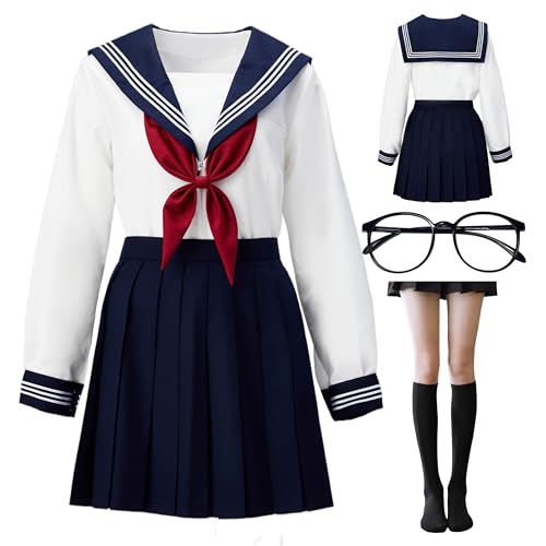 Japanisches Schulmädchen-Kleid für Mädchen, Uniform, Anime-Cosplay-Kostüme, Uniform mit Socken, Brillenrahmen-Set, klassisches Weiß, Cosplay-Fotografie, Schulmädchen-Outfit, JK-Uniform, Uniform,