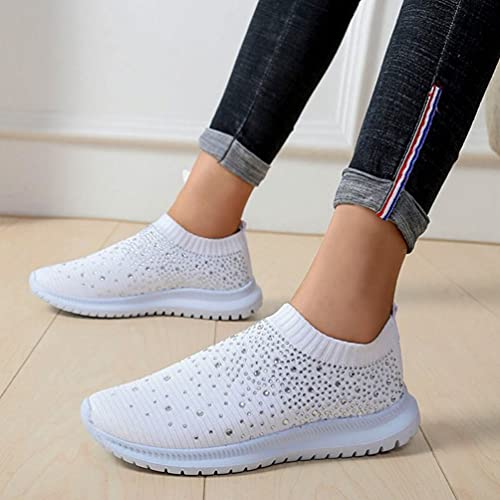 Womens Loafers Rhinestone On Sneakers Breathable Sock Shoes Mesh Walking Running Sports Shoes Platform Sneakers White2
