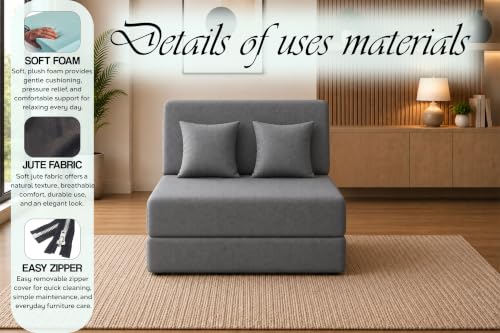 Image of Sofa Cum Bed with Jute Fabric, Convertible One Seater Sofa Bed 3x6 Ft, Comfortable Cushioned Seating, Space Saving Design for Living Room, Bedroom & Guest Room - Grey Color