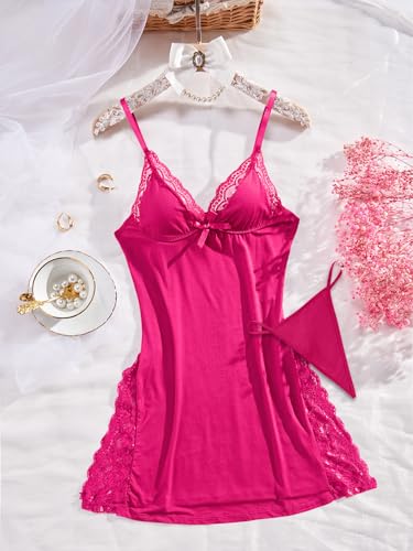 Image of Foxiny Sexy Split Side Floral Lace Trim Full Slip Night Gown Babydoll Lingerie Dress with Thong 2 piece