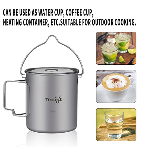 Tentock Titanium Cup, Backpacking Ultralight Portable Camping Pot With Lid, Camping Coffee Mug And Hanging Pot Multi-Functional Outdoor Cup Collapsible Handle For Hiking (750Ml Cup With Hanger) #TOP4