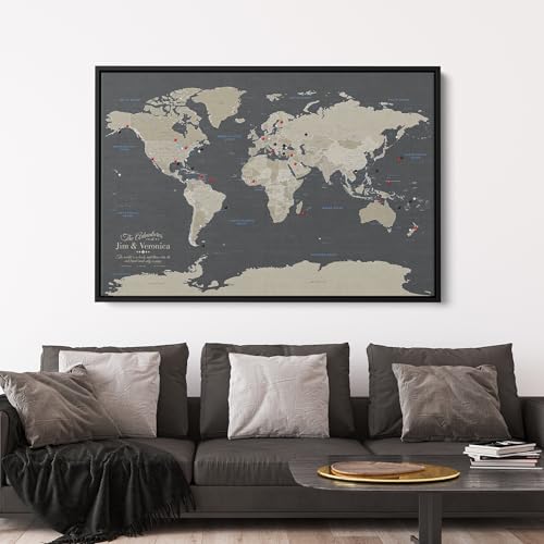 Image of Earth Tone World Map with Pins - Personalized Canvas Push Pin Map - Framed World Travel Wall Decor - Black Float Frame - 24 inch x 36 inch