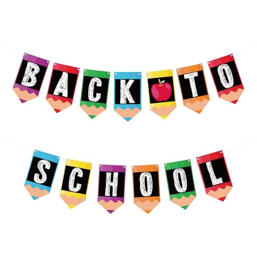 Image of Back to School Banner Welcome Back to School Banner Apples Pencil Garland Photo Backdrop Decor First Day of School Sign for Student Teacher Classroom Kindergarten Preschool Party Decorations