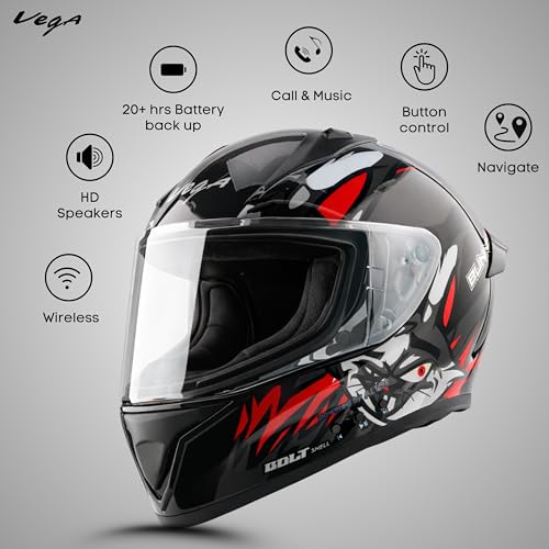 Image of Vega Bolt Bunny Premium Smart Bluetooth Full-Face Helmet - Advanced Safety, Shockproof, Aerodynamic, Comfortable Black RED L