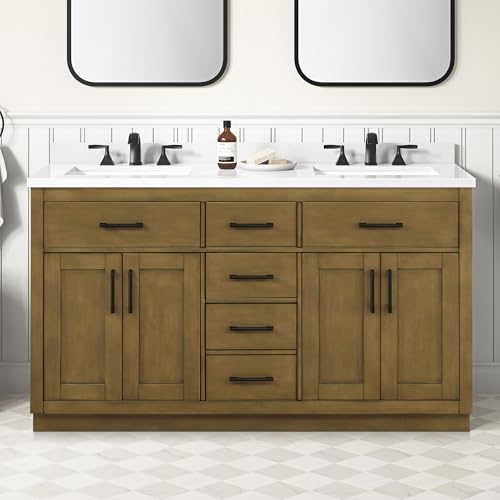 OVE Decors Bailey 60 in. Double Sink Freestanding Almond Latte Bathroom Vanity with White Quartz Top, Matching Backsplash and Power Bar