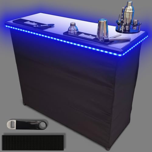 PartyLife Premium Portable Bar Table w/LED Lights, Folding Legs, Black Fabric Bar Skirt, 2 Storage...