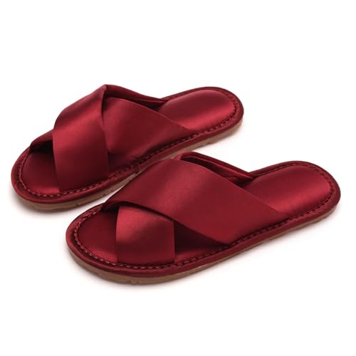 JadeRich Women's Open Toe Satin Slide Slippers Cross Band Cozy Non Slip Luxury Silky Flat Indoor Slippers