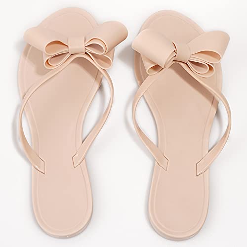 Image of TYFLOVE Women Rivet Flip Flops Studded Jelly Thong Sandals with Bow Summer Bowtie Flat Beach Rain Shoes