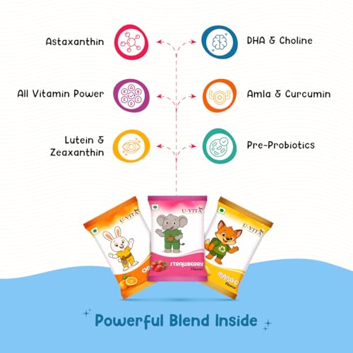 Image of U-VITA Grow Buddy Multivitamin Gummies for Kids (2+ Years) | No Added Sugar | 27 Essential Vitamins, Minerals & Pure herbal extracts | Made in India and Formulated in the UK | 60 Gummies, Assorted
