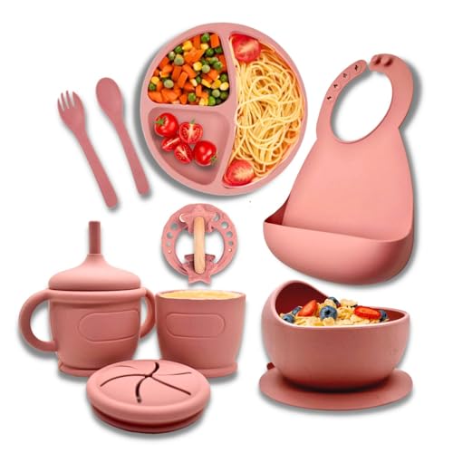 Image of Silicone Baby Feeding Set Baby led weaning Supplies with Silicon Divided Suction Baby Plate self Feeding Eating Utensils