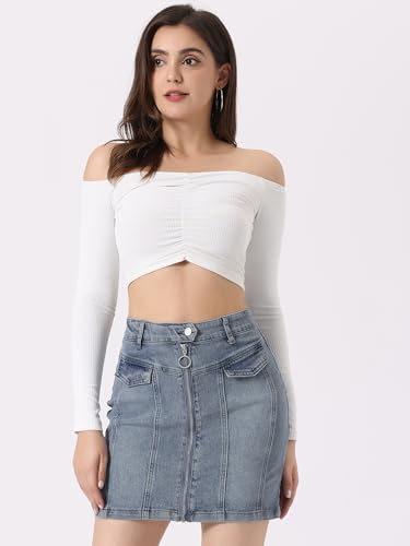 Allegra K Women's Denim Mini Skirts Summer Stretchy Washed Zipper Front Bodycon Jean Skirt3