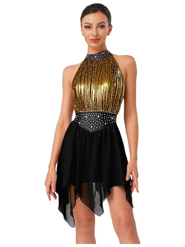 Oyolan Femme Robe Danse Latine Salsa Rumba Cha Cha Strass sans Manches Justaucorps Patinage Artistique Gymnastique Tenue Compétition Spectacle Noir S