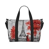 Accessoires du produit : notre sac de voyage à motif Tour Eiffel Paris dispose d'une double fermeture éclair lisse dans le compartiment principal, de poches intérieures et de poches zippées, de bretelles réglables avec boucles latérales pour attacher des articles, et d'un transport confortable à la main ou à l'épaule.
