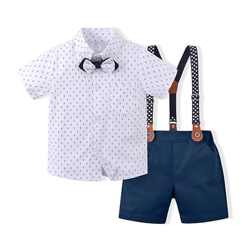 Volunboy Toddler Summer Formal Set Baby Boy Short Suspenders Outfit Kid Gentleman White Short Sleeve Bowtie Suits 2-3T