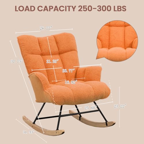 Image of SAETSFEG Rocking Chair Nursery Teddy Upholstered Glider Rocker Rocking Accent Chair Padded Seat with High Backrest Armchair Comfy Side Chair for Living Room Bedroom Offices (Orange Teddy)