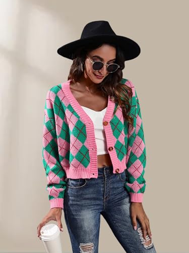 Image of Wowcarbazole Women's Knit Cardigan Sweaters Long Sleeve Argyle Open Front Button Down V Neck Cropped Coats Casual Trendy Tops(Pink Green-L)