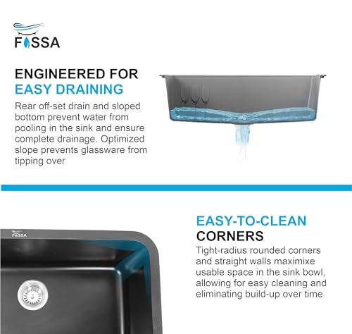 Image of Fossa 10-Year Warranty 31 inchx19 inchx9.5 inch Pure Quartz Kitchen Sink Single Bowl with Basket, Round Coupling, Waste Pipe Black (Matte Finish)