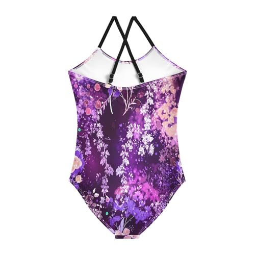 Bloom Floral Purple Girl Bathing Suit with Adjustable Shoulder Strap, Beach Bathing Suit, 3-102