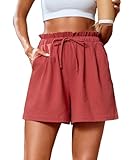 SUEANI Women’s Linen Wide Leg Shorts Casual Loose Drawstring High Waist Beach Shorts with Pockets(Large, Watermelon red)