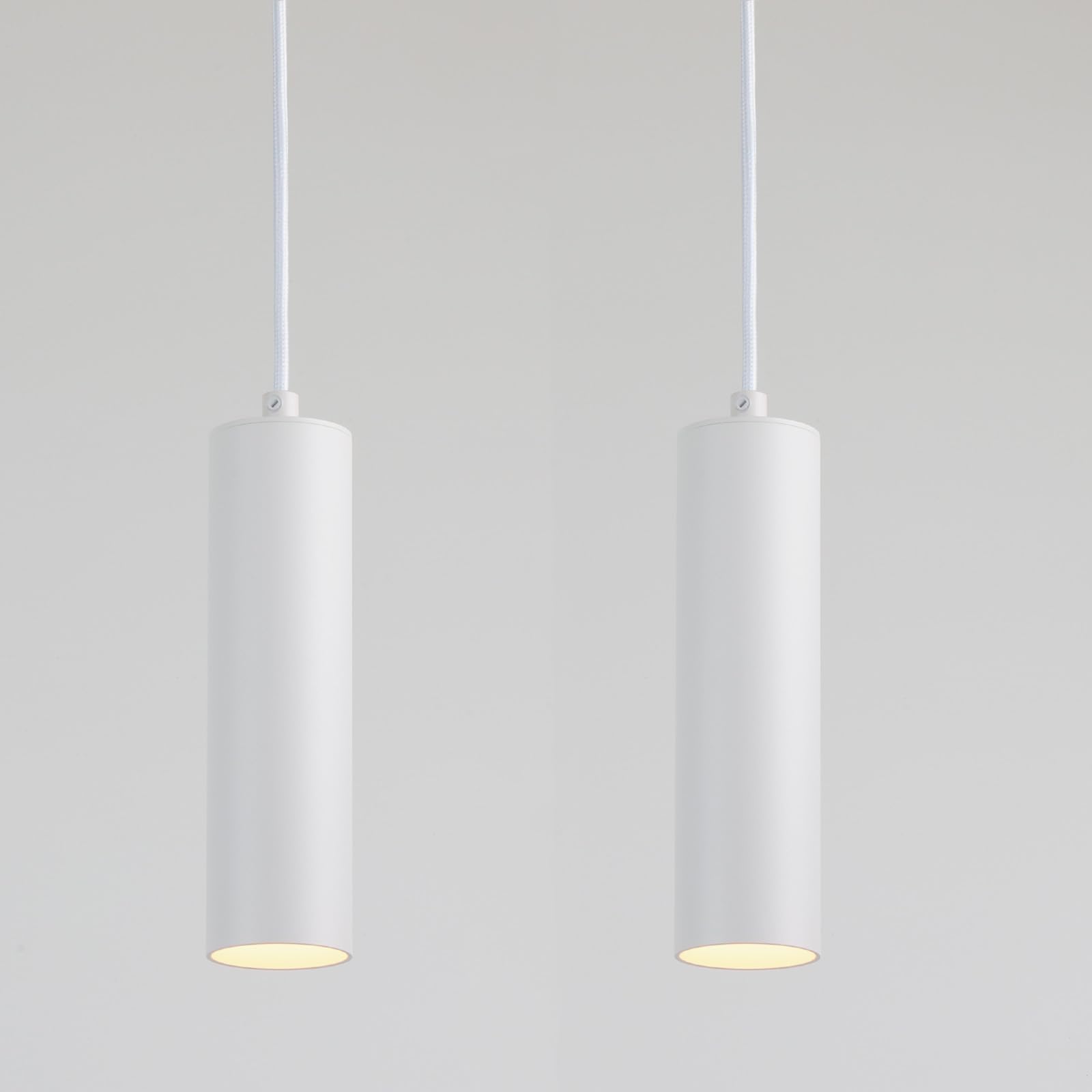 Alpinaluz Lampada a sospensione tubolare da soffitto in alluminio 20 cm – Design moderno minimalista, attacco GU10, cavo tessile regolabile 120 cm (Confezione da 2 Bianco)
