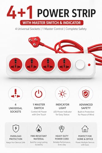 Image of Arji 6 Amp Extension Board with 2 Metre Heavy Duty Copper Cord | 4 Socket Power Strip | Multi Plug Extension for Home & Office