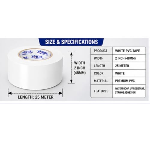 Image of ZOHRA PVC Self Adhesive Tape For Air Conditioner Copper Pipe Wrapping Tape AC Insulation Tape Water Prof Heavy Duty 20 Meters Length, 48MM Width Pack Of 1¦ (White) (WHITE)