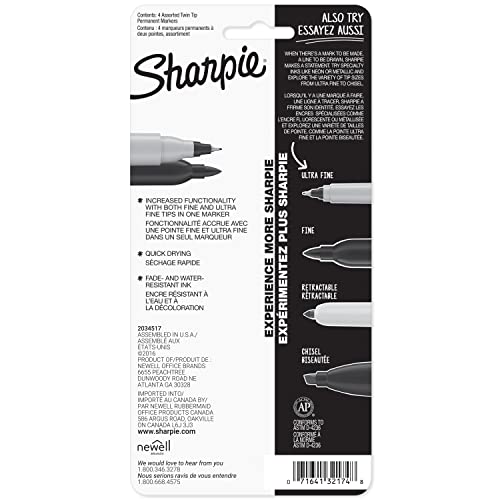Sharpie Twin Tip Permanent Markers, Fine and Ultra Fine, Black, 4 Count