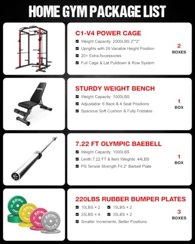 Image of C1-V4 Power Cage, 2000LBS Squat Rack with LAT Pulldown, Multi-Function Weight Cage Strength Training Machine, Workout Cage with More Attachments for Home Gym Garage