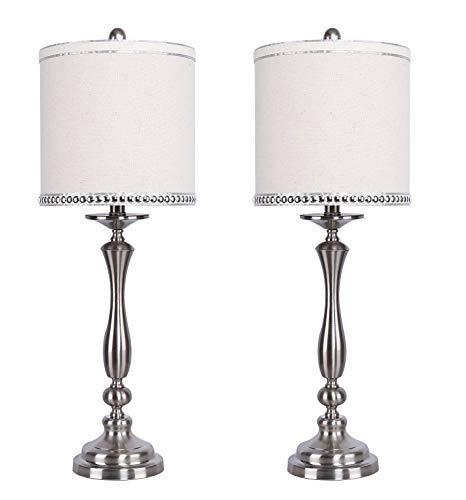 Grandview Gallery 29" Modern Brushed Nickel Metal Table Lamp Set ft. Balustrade Design and Natural Linen Shades with Silver Silk-Edged Chrome Nailhead Trim - Glam Lighting for Any Room (Set of 2)