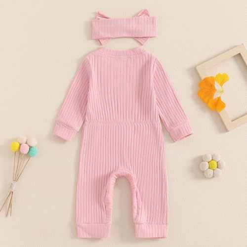 Newborn Baby Girl Fall Outfits Long Sleeve Ribbed Romper Jumpsuit with Headband Set Infant Girl Clothes4