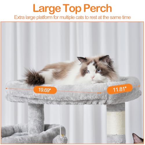 Image of Heybly Cat Tree, 71-Inch-Tall Tower for Indoor Cats with 2 Perches HCT034W | Large Cat Furniture with 2 Big Condos, 2 Hammocks, Basket, Scratching Pad, Multi-Level Cat Condo, Light Gray