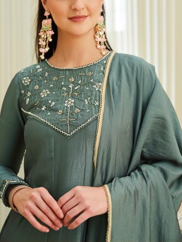 Image of MOKOSH Women's Silk Hand Work Anarkali Kurta Pant with Dupatta | Anarkali Kurta Pant | Embroidered | Round Neck Full Sleeve | 3 Piece Outfit | Ethnic Wear