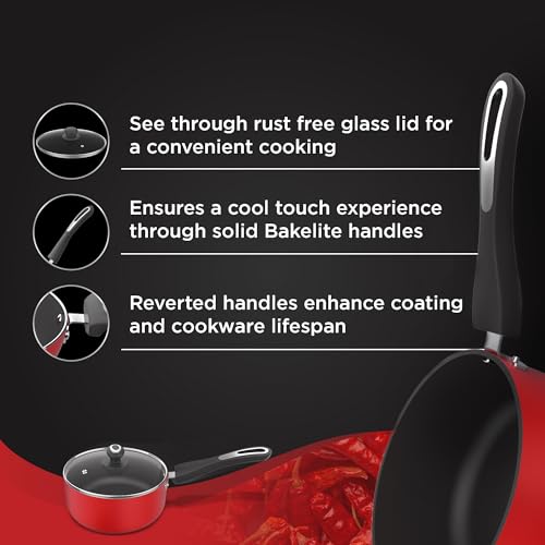 Image of Preethi Dura Collection Non Stick Milk Pan | 16 cm | 5 Star Non Stick | Gas & Induction Compatible | Chilly Red | 1L | 1 Piece | Aluminium