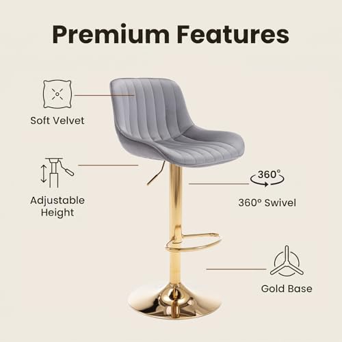 Image of ECHINGLE Velvet Bar Stools Set of 4 - Swivel Counter Height Barstools with Back & Adjustable Height, Modern Gold Kitchen Island Stools for Bar, Armless Pub Stools, Soft Grey Upholstered Seating