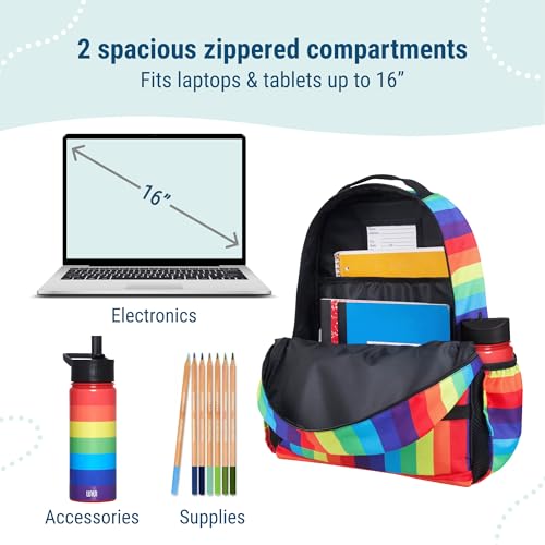 Image of Wildkin Kids Backpack for Boys & Girls, ECO rPET Recycled Lightweight 17 inch Large Bookbag with Padded Straps - Ideal for Middle School, Travel & Daycare, Ages 7-14 - Rainbow Stripe