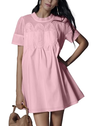 Image of Shiyifa Womens Babydoll Lace Patchwork Dresses Summer Short Sleeve Ruffle Sundress Loose Crew Neck A-Line Dresses