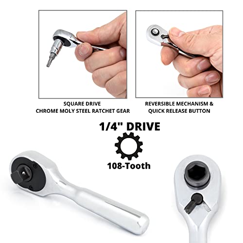 Image of Neiko 03001A Stubby Ratchet, 1 /4 Inch Ratchet Wrench, 108-Tooth Reversible Ratchet, 3.3 Degree, Quick Release Mini 1 /4 Ratchet Drive, Oval Head Wrench, CR-V Steel Quarter Inch Small Ratchet Wrench