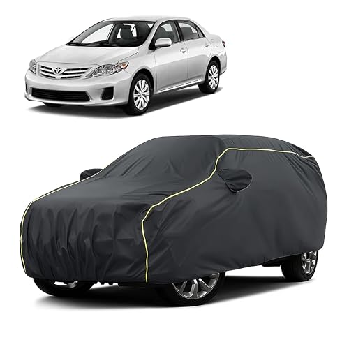 Image of Sulfar 100% Water Resistant Car Body Cover Compatible with Mirror for Toyota Corolla (Triple Stitched, Full Bottom Elastic, Dark Grey Taffeta with Yellow Piping)