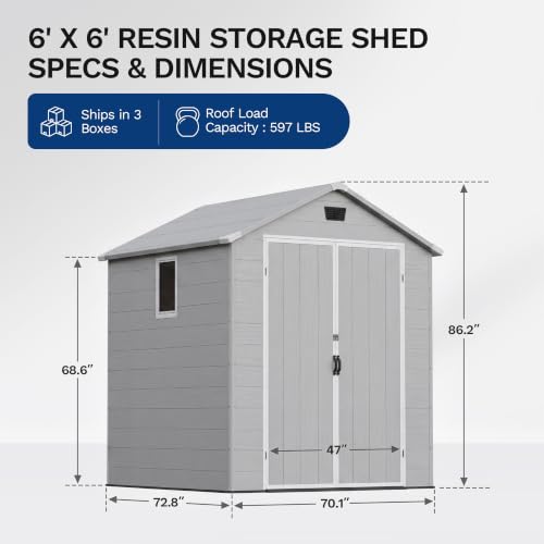 Image of Devoko 6X6 FT Plastic Outdoor Storage Shed with Floor, Light Grey | Resin Tool Sheds with Lockable Door and Window, Weather-Resistant Garden Shed, Easy Assembly for Backyard, Patio, Lawn