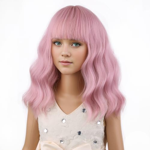 Image of PATTNIUM Pink Wig for Kids with Bangs Girls Short Curly Wavy Wig Child Light Pink Synthetic Hair Wigs