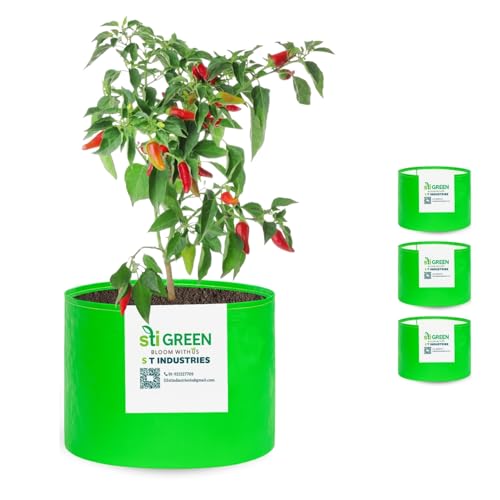 Image of HDPE Grow Bags for Plants 15X9 Inch (Pack of 4) | 260 GSM Heavy Duty UV-Protected Round Green Colour Plant Bags for Terrace and Vegetable Gardening | Strong & Reusable|