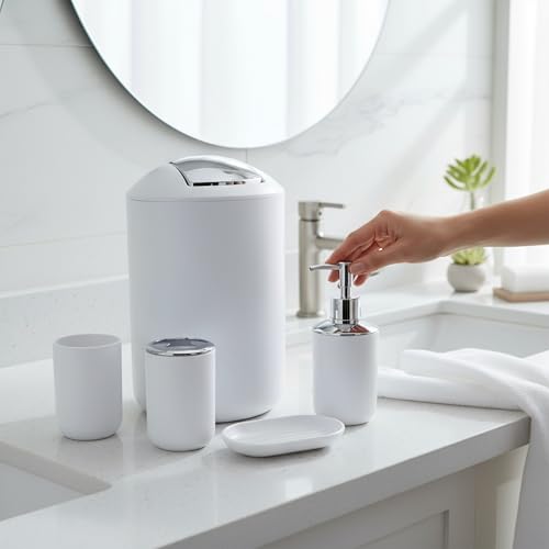 Juego de accesorios para el baño GMMH de 6 piezas con dispensador y escobilla en color blanco 4