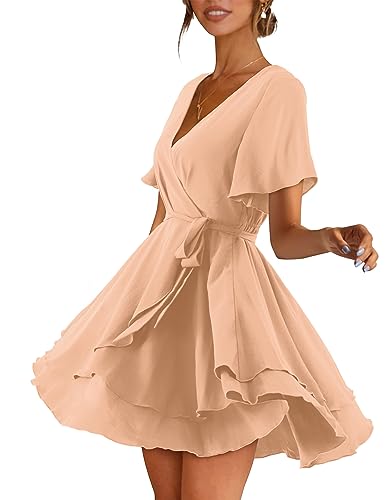 Image of Women Wrap Dress Casual Mini V Neck Fall Long Sleeve Wedding Guest Dresses with Belt