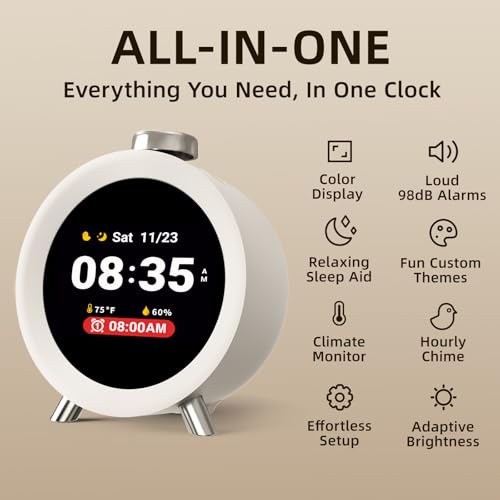Dekala ChronoSense Alarm Clock for Bedroom Temperature Humidity, 7-Day Programmable 4 Alarms, 100dB Loud Gradual Alarm Clock Heavy Sleeper, IPS Screen Animation, Hourly Chime, White Noise