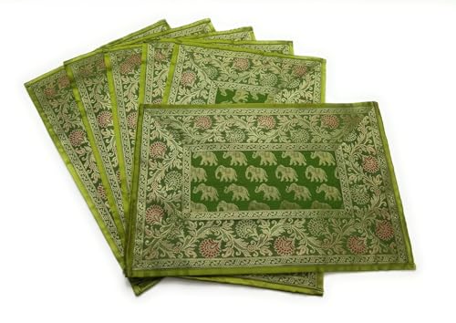 Image of Diwali Room Decor Silk Table Runner Placemats Tea Coaster Set for Living Room 4 to 6 Seater Dinning Table Table Mat Set Centre Table Top Decor Pack of 13 Pcs (Olive Green)
