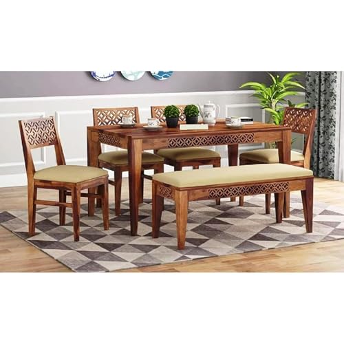 Image of Solid Wood Dining Table 6 Seater | Six Seater Dinning Table with 4 Chairs & 1 Bench for Home | Chairs & Bench with Cushion | 6 Seater Dining Room Sets for Hotel & Restaurants | Sheesham, Honey