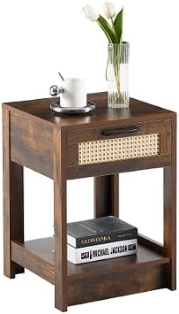 15.75" Rattan End Table with Drawer, Modern, Side Table for Living roon, Bedroom White Brown