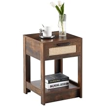 15.75" Rattan End Table with Drawer, Modern, Side Table for Living roon, Bedroom White Brown